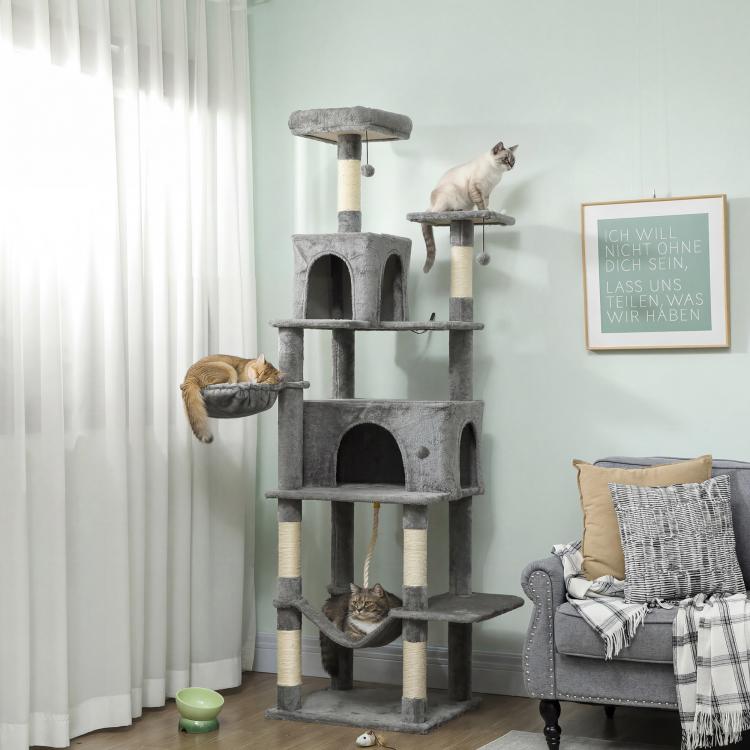Dark gray cat tree with cubby condos, top perch bed, and hanging ball toy