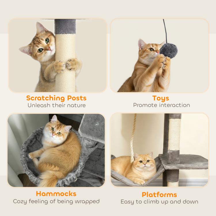 Dark gray cat tree features: sisal scratching posts, hammocks, and open platforms