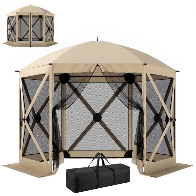 Beige pop-up gazebo screen tent with mesh panels and open front doorway