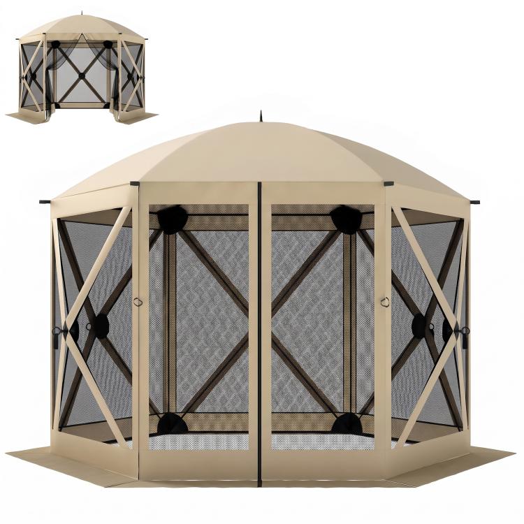 Beige pop-up gazebo screen tent with four mesh side panels and zippered front