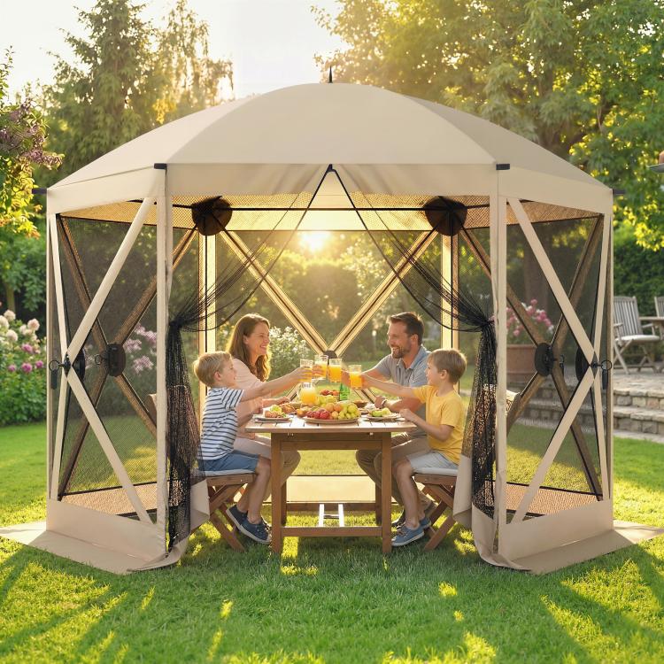 Beige screen gazebo tent outdoors with open sides and mesh netting enclosure