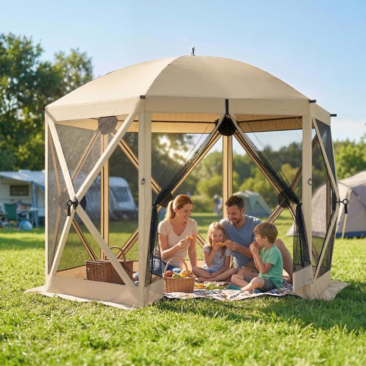 Beige pop-up screen tent with open front and mesh side walls
