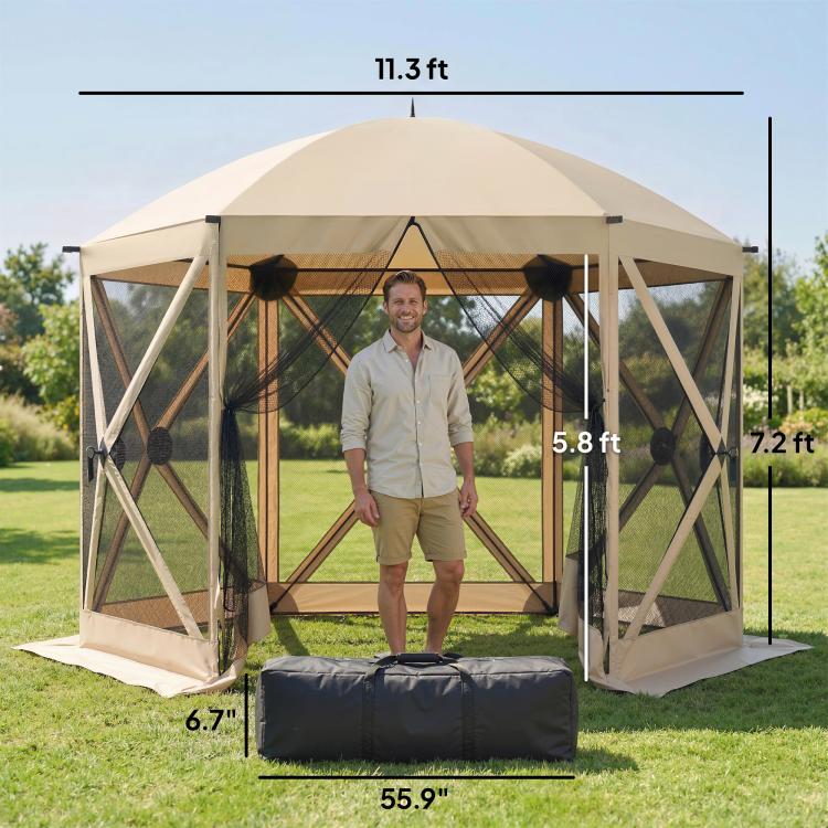 Beige 10x11 ft pop-up gazebo screen tent with included carry/storage bag