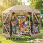 Beige pop-up gazebo screen tent with mesh sides and strings of party lights inside