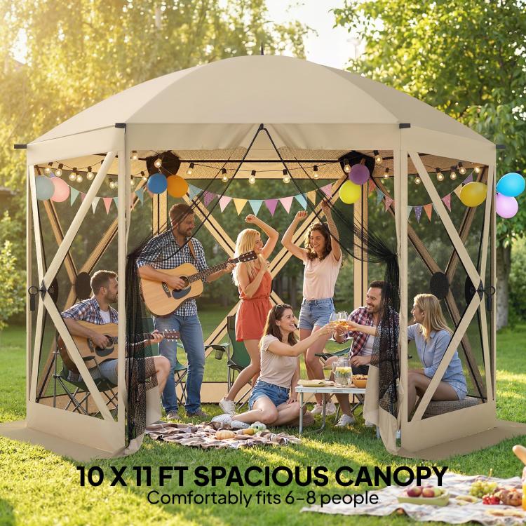 Beige pop-up gazebo screen tent with mesh sides and strings of party lights inside