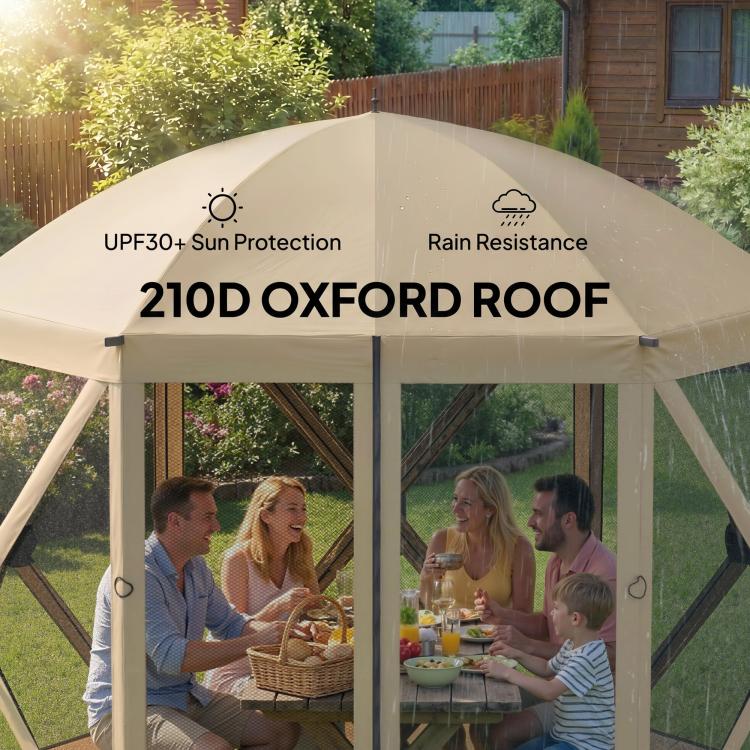 Beige pop-up gazebo screen tent with mesh panels under a flat fabric roof