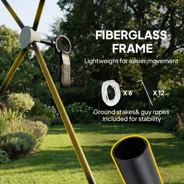 Fiberglass frame components for a pop-up gazebo screen tent with ground stakes