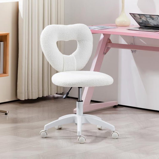 White armless vanity chair with teddy fleece heart back cutout and rolling swivel base