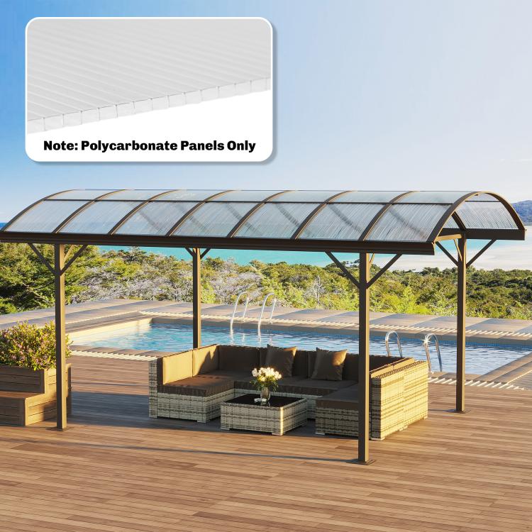 Clear twin-wall polycarbonate greenhouse roof panels over patio seating