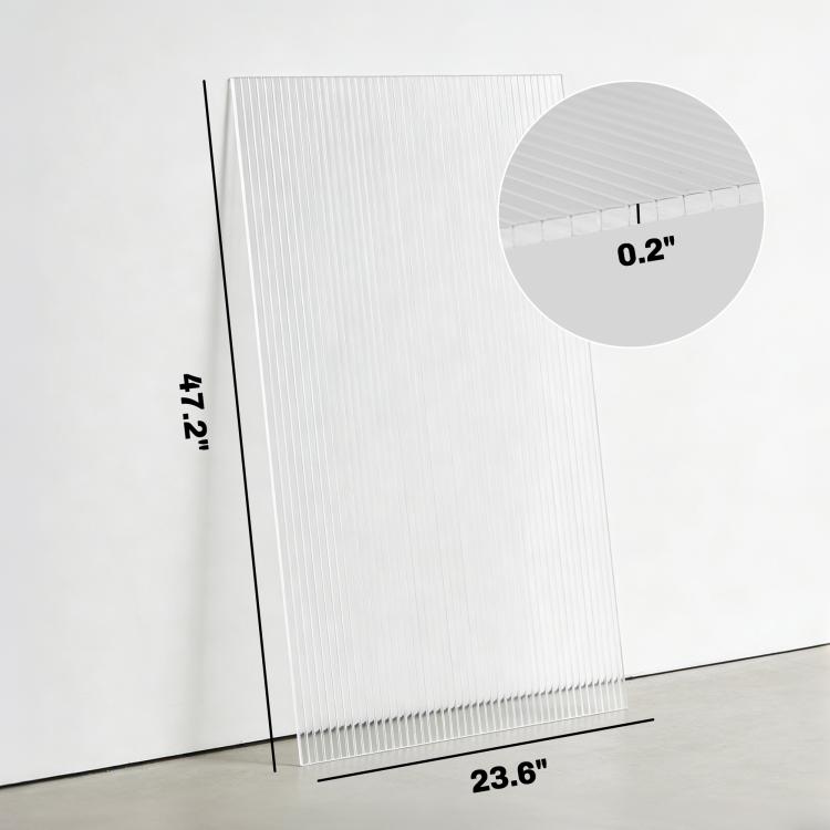 Clear twin-wall polycarbonate panel with measured dimensions on packaging
