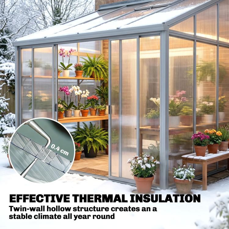 Clear twin-wall polycarbonate greenhouse side panels with potted plants