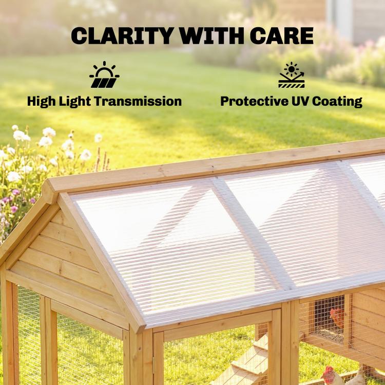 Clear twin-wall polycarbonate greenhouse roof panel with UV-protective glazing