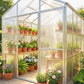 Clear twin-wall polycarbonate greenhouse panels on all sides with shelves