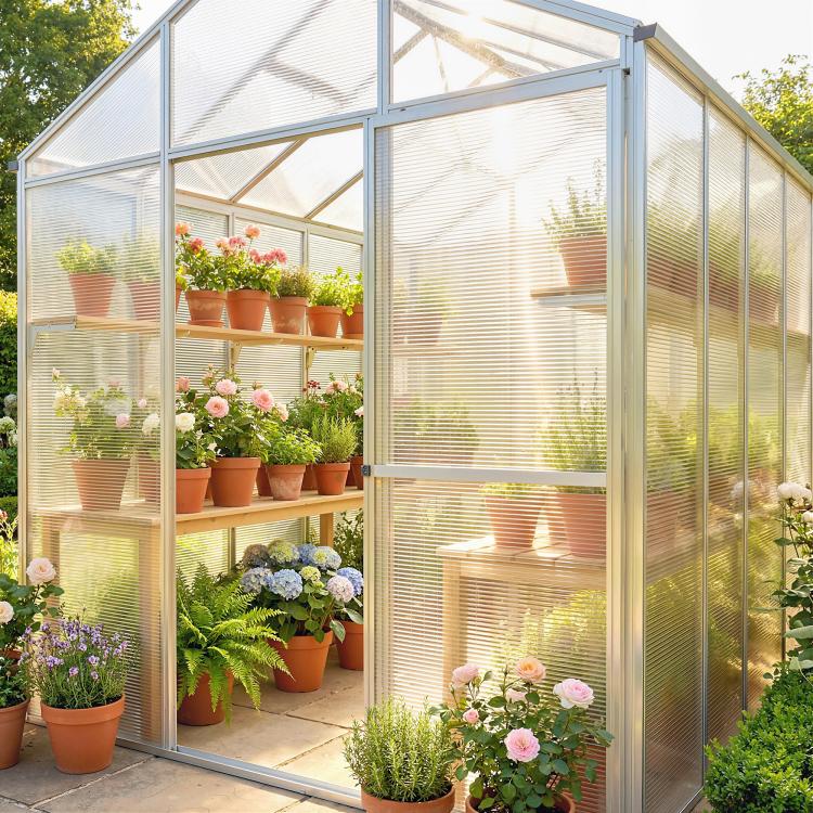 Clear twin-wall polycarbonate greenhouse panels on all sides with shelves