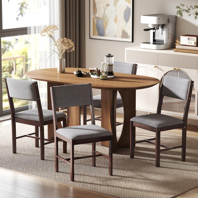 Set of 4 dining chairs with gray linen-look seats and dark wood legs