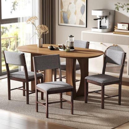 Set of 4 dining chairs with gray linen-look seats and dark wood legs