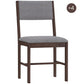 Gray upholstered armless dining chair with rectangular back and dark wood frame