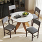 Set of 4 dining chairs with gray linen upholstery and dark wood legs, square seats