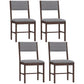 Set of 4 dining chairs with gray fabric seats and backs, dark wood frames