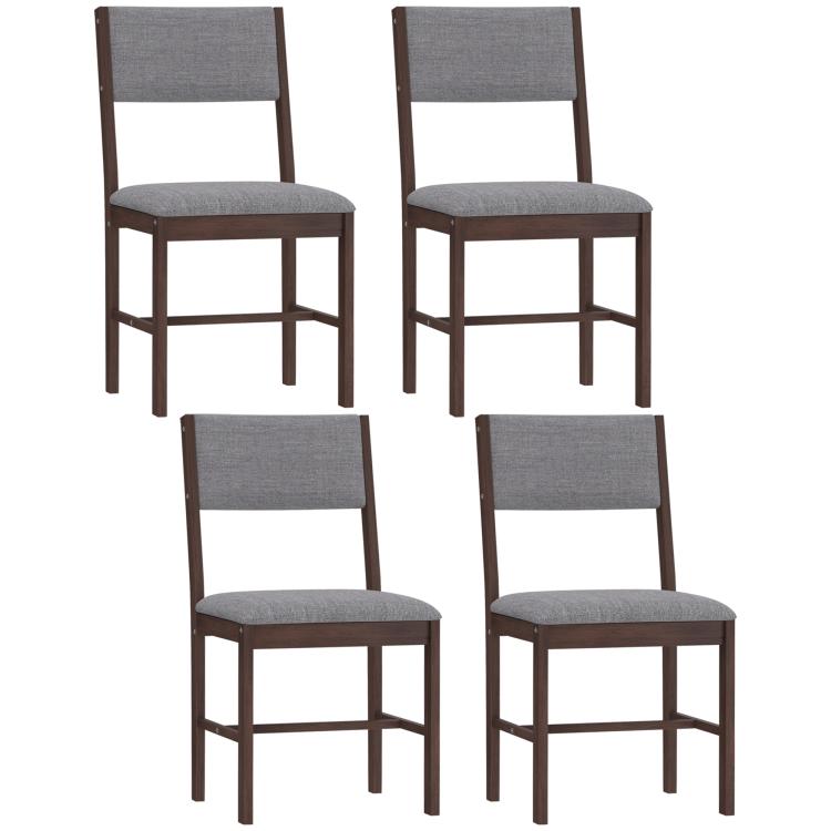 Set of 4 dining chairs with gray fabric seats and backs, dark wood frames