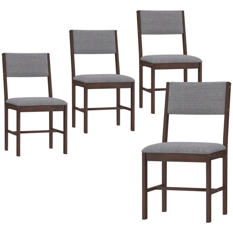 Set of four gray dining chairs with armless upholstered seats and wood frames