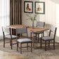 Dining chairs with gray upholstered seats and dark wood legs around table