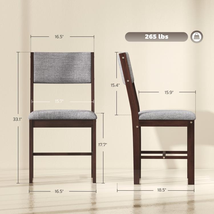 Gray upholstered dining chair with dark wood frame, shown with size measurements