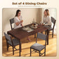Set of 4 dining chairs with gray fabric seats and dark wood frames