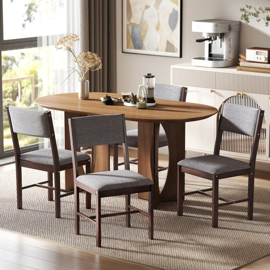 Set of 4 dining chairs with gray linen-look seats and dark wood legs