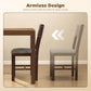 Armless dining chairs with gray seat cushions and dark wood frames