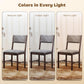 Three gray dining chairs with dark wood frames in separate lighting scenes