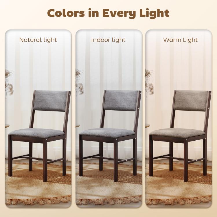 Three gray dining chairs with dark wood frames in separate lighting scenes