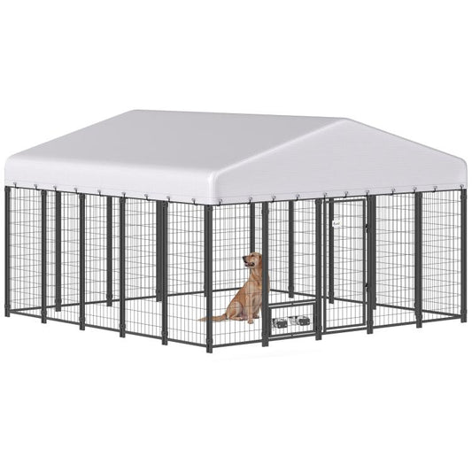 Outdoor dog kennel with gray waterproof cover and black metal wire panels, open door