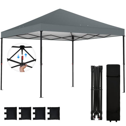 Dark gray pop-up canopy tent with sidewalls, stakes, and carry bag, 10x10 ft set