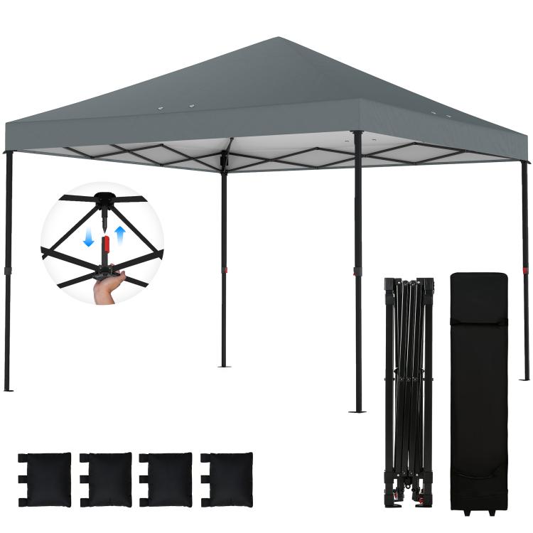 Dark gray instant pop-up canopy tent with sidewalls, stakes, sandbags, and roller bag
