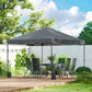 Dark gray pop-up canopy tent over outdoor deck with chairs and table underneath