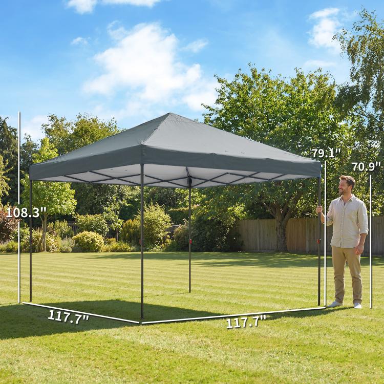 Dark gray 10x10 pop-up canopy tent with steel frame and measured height markers