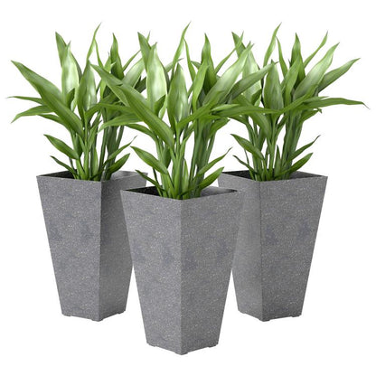 Set of 3 tall gray tapered plastic planters with marble finish and green plants