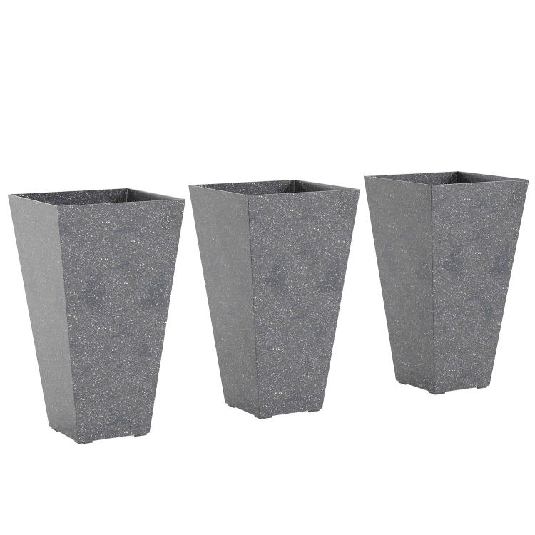 Set of 3 tall gray tapered plastic planters with marble finish, open top