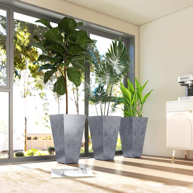 Set of 3 gray marble-finish tapered plastic flower planters, stackable design