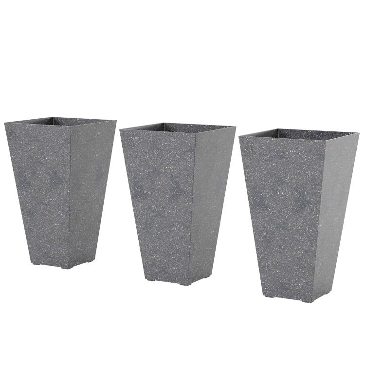 Three gray marble-finish tapered plastic planters with open square tops