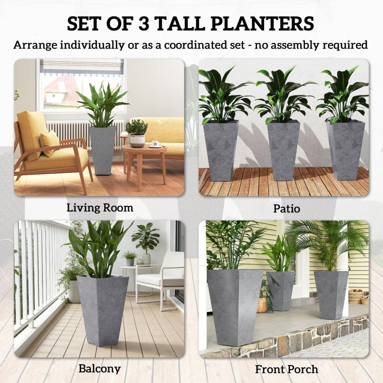 Set of 3 tall gray tapered plastic planters with plants for living room and patio