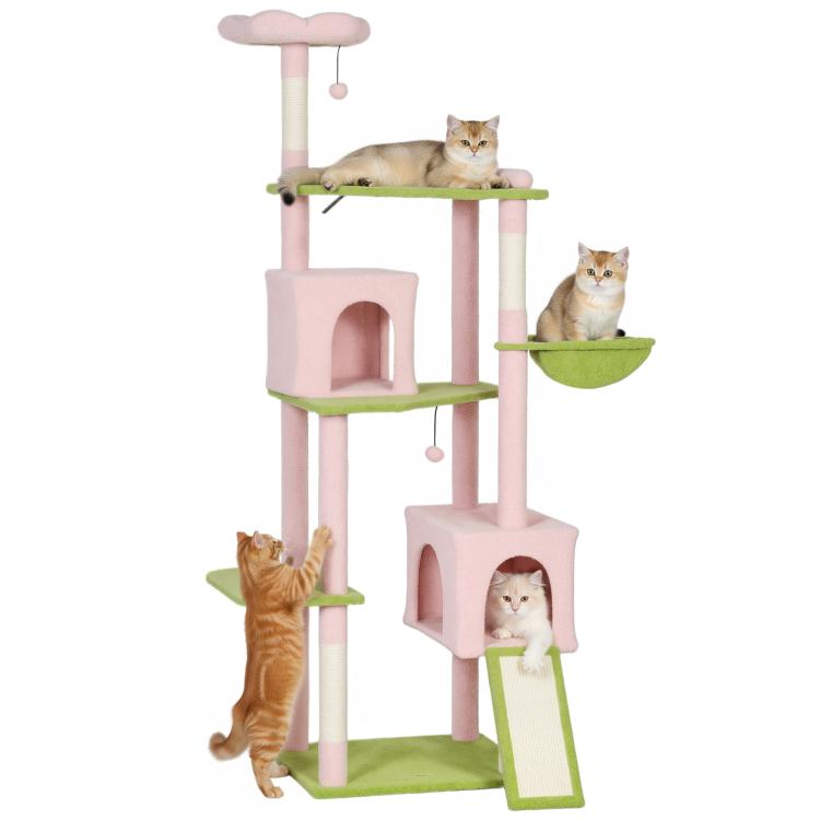 Pink flower cat tree with three platforms, two condos, and scratching posts