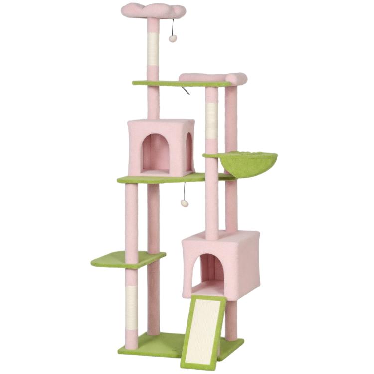 Pink and green large cat tower with stacked perches, condo, and ramp