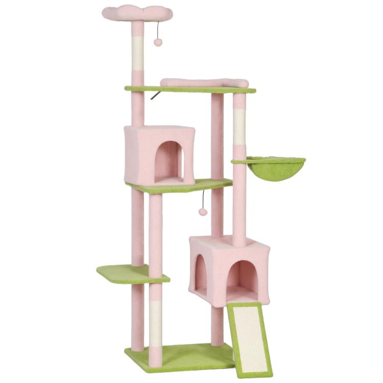 Pink cat tower with two scratching posts, platforms, ramp and hanging toy