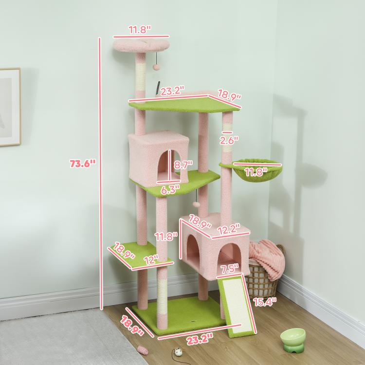 Pink and green cat tower with size diagram overlay and multiple scratching platforms
