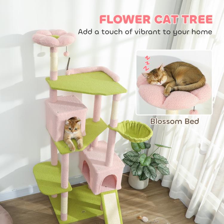 Pink flower cat tree with large green top perch and plush blossom-style bed