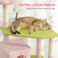 Extra-large green perch on pink cat tree with a resting cat