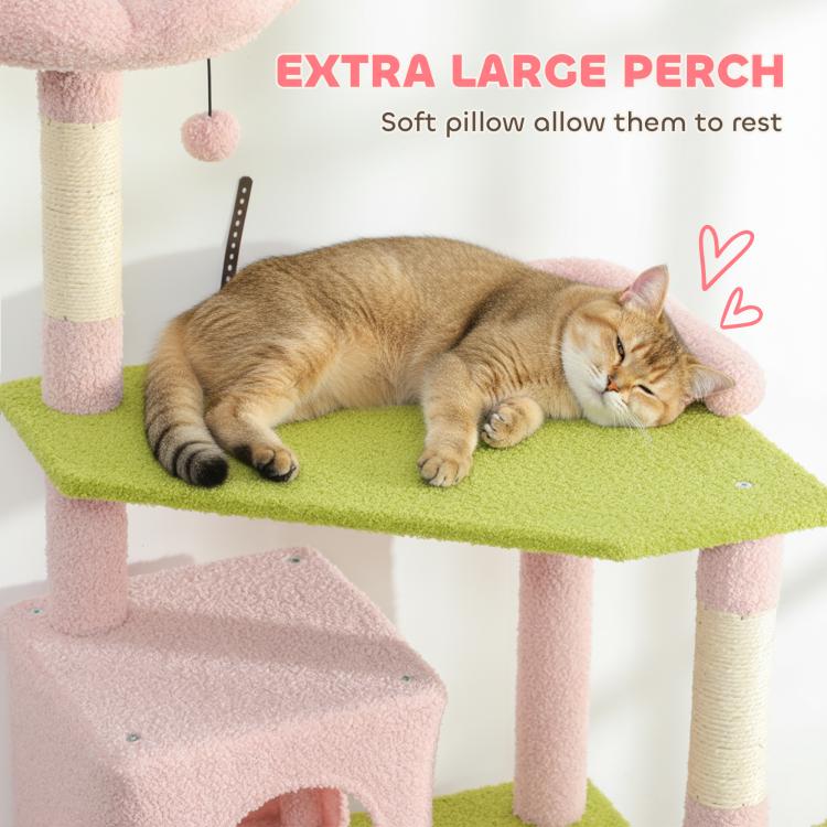Extra-large green perch on pink cat tree with a resting cat