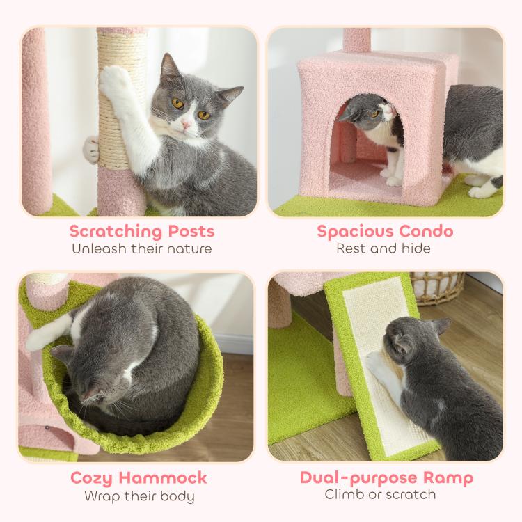 Cat tree feature collage with scratching posts, condo, hammock bed, and ramp